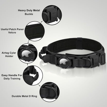 Tactical AirTag Dog Collar Leash Set - Heavy Duty, Adjustable GPS Collar Compatible with Apple