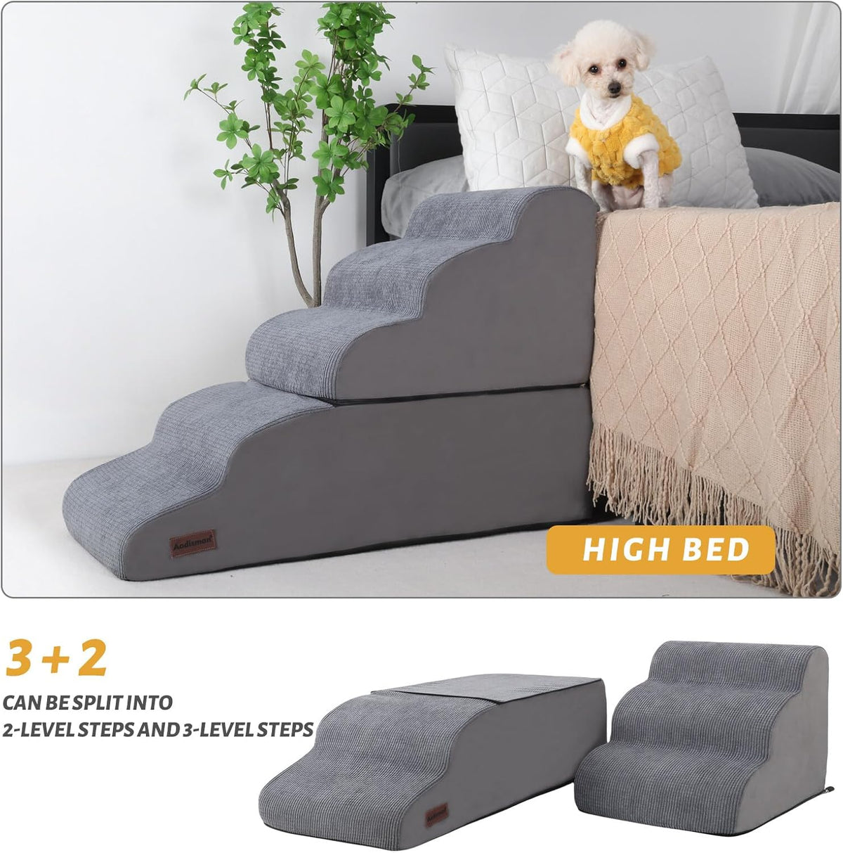 Dog Stairs and Ramp for High Bed, 5-Step Dog Steps for Small Dogs and Cats,Non-Slip Pet Stairs