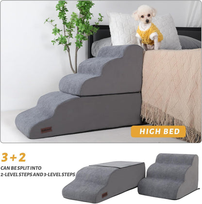Dog Stairs and Ramp for High Bed, 5-Step Dog Steps for Small Dogs and Cats,Non-Slip Pet Stairs