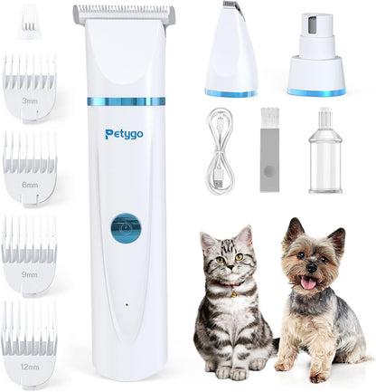 3-in-1 Dog & Cat Grooming Kit - Rechargeable Cordless Pet Hair Clippers with Nail Grinder & Paw