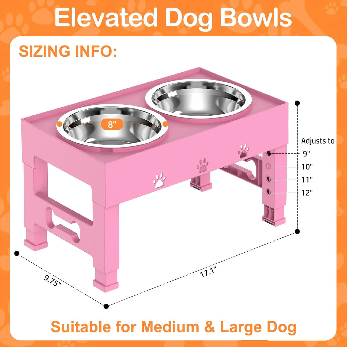 Elevated Dog Bowls with 2 Stainless Steel Bowls, Raised Dog Food Bowl Stand 5 Height Adjustable