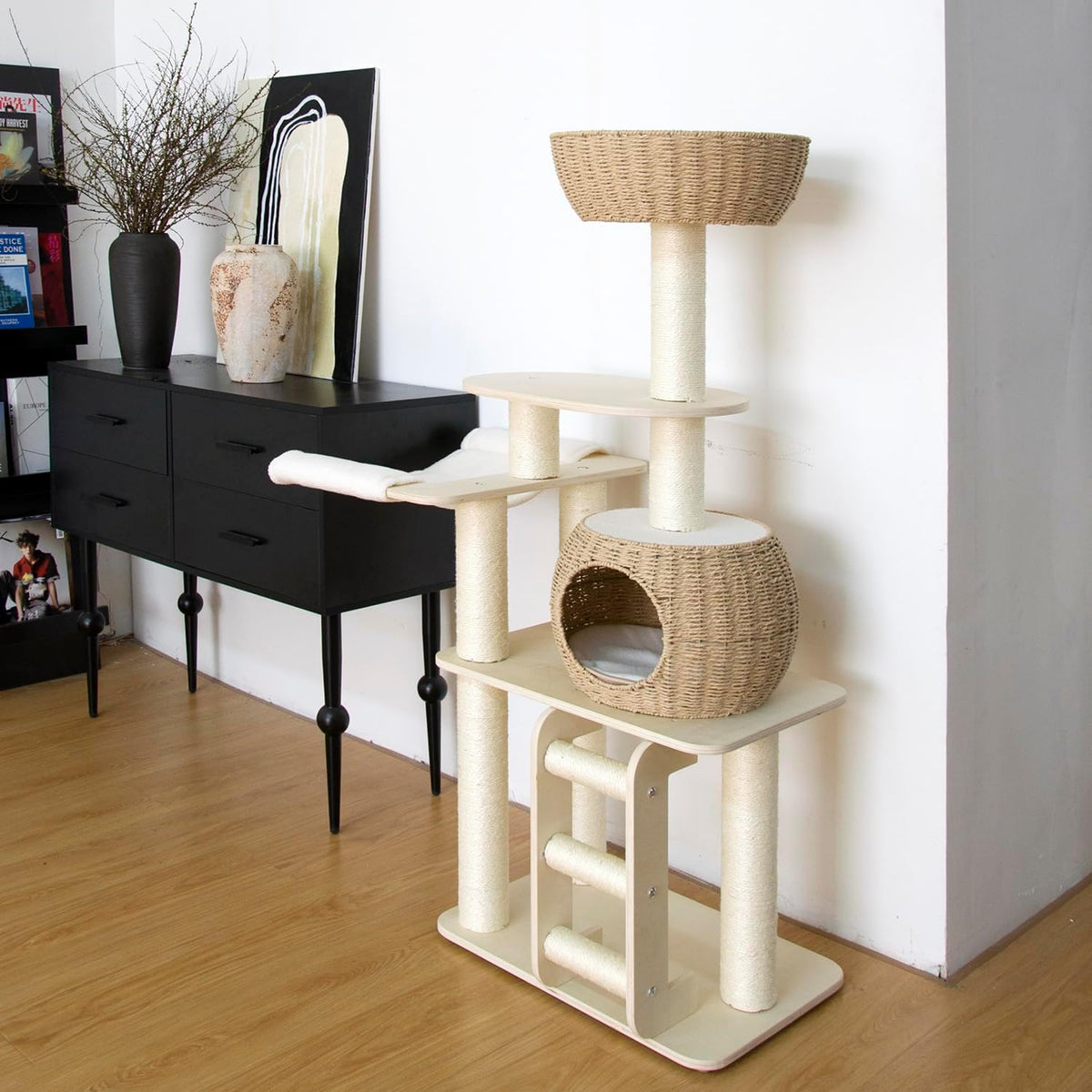 54 Inch Cat Tree for Indoor Cats, Tall Wooden Cat Tower with Scratching Posts, Rattan Condo and
