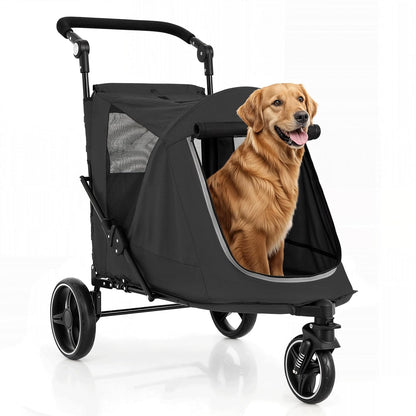 Magshion Pet Stroller for Medium Dogs w/Adjustable Handle, 3-Wheel Dog Cat Wagon w/Dual Entry, Rear