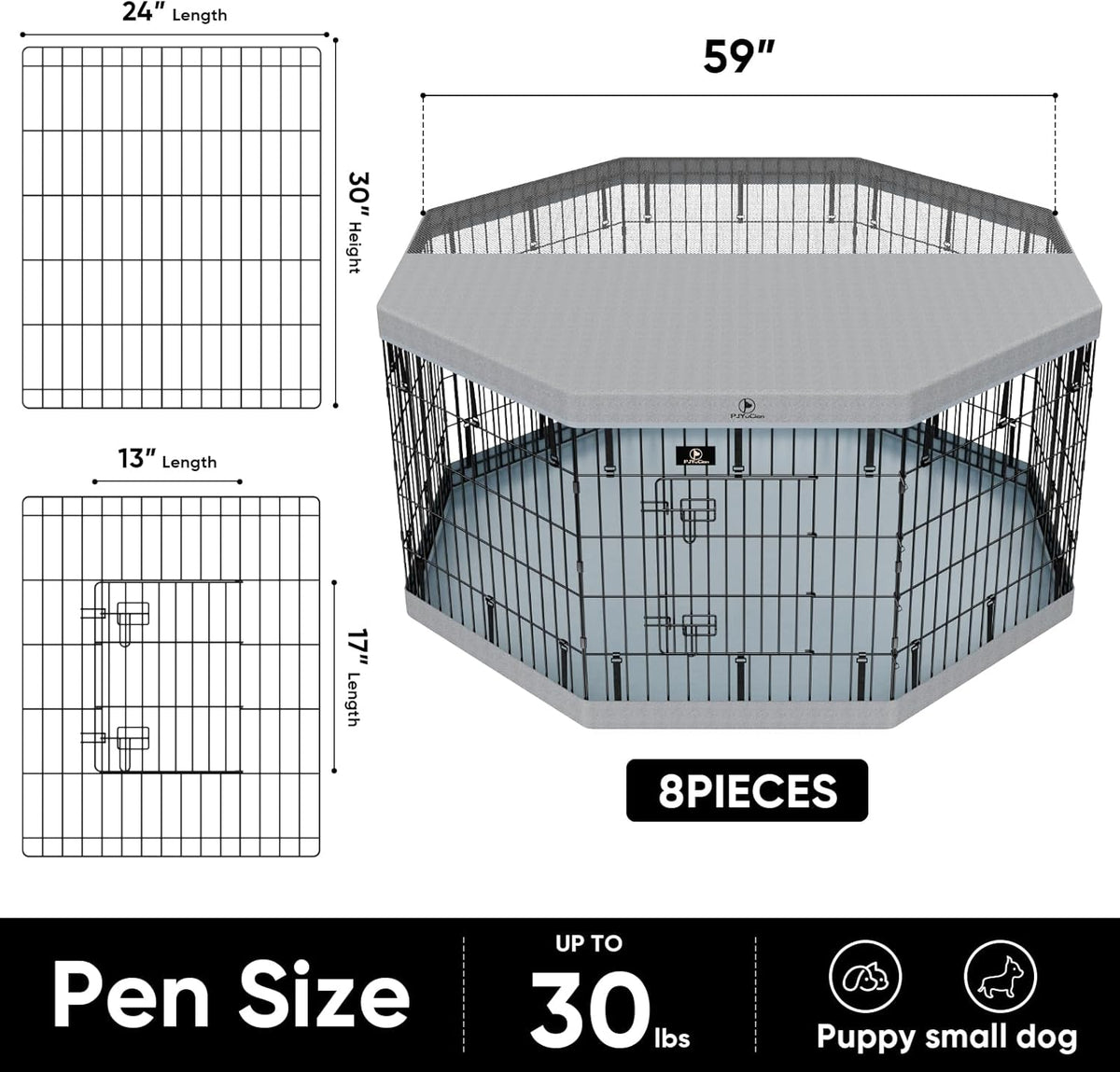 PJYuCien Dog Playpen, 8 Panels 30”H Dog Playpen Indoor with Grey Bottom Pad and Top Cover, Metal