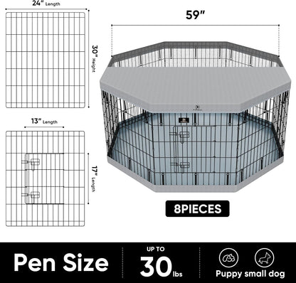 PJYuCien Dog Playpen, 8 Panels 30”H Dog Playpen Indoor with Grey Bottom Pad and Top Cover, Metal