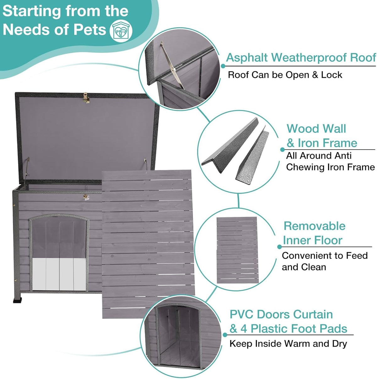 Indoor Outdoor Dog House,Anti-Chewing Iron Frame Dog Kennel,Wood Warm Pets Home,Weatherproof