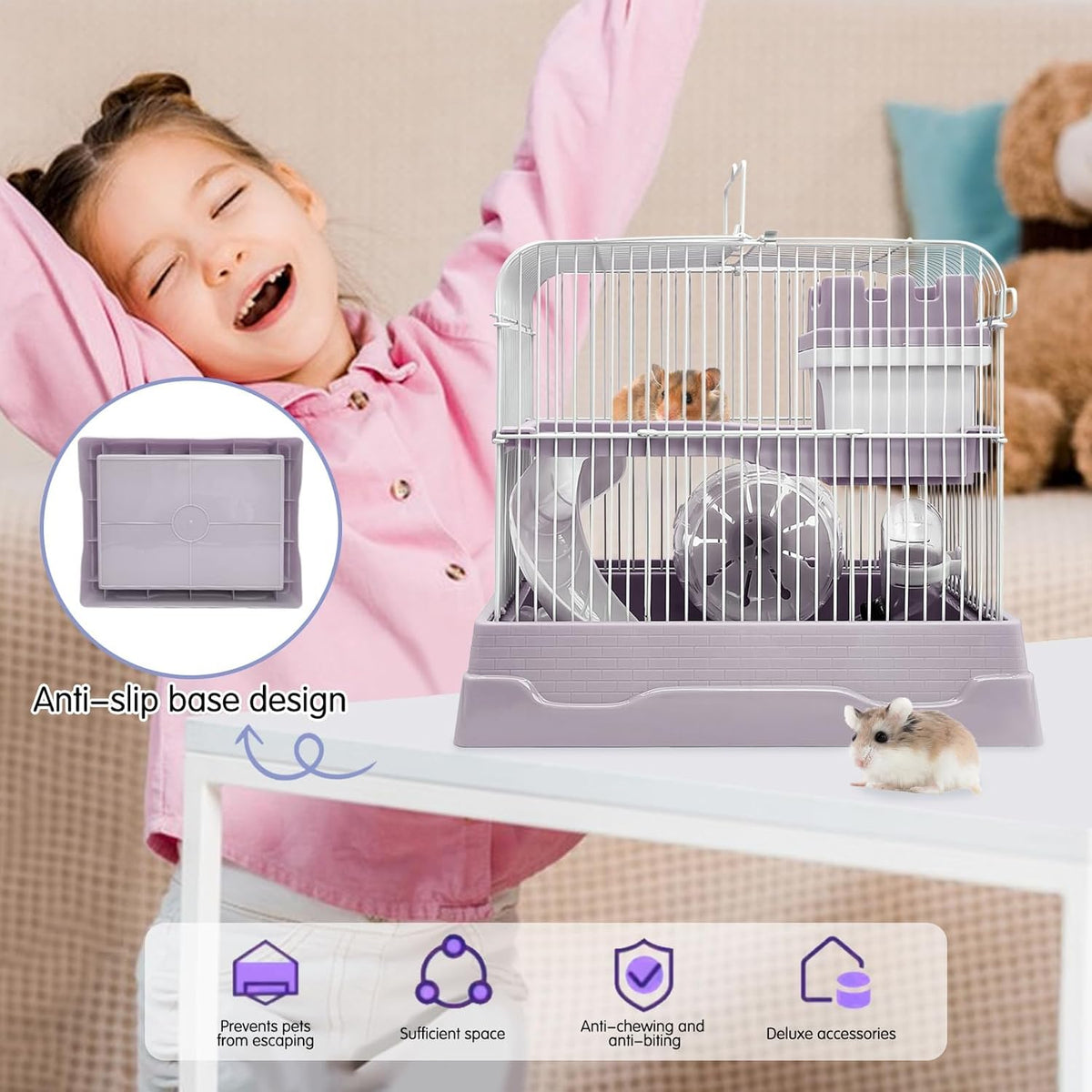 PINVNBY 2-Tier Dwarf Hamster Cage, Hamster Travel Cage Portable Mouse Cage with Running Exercise