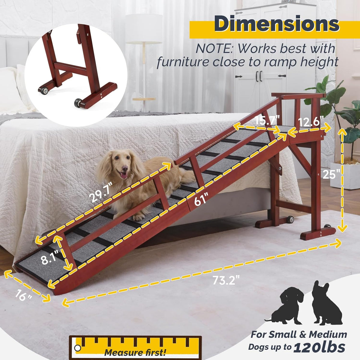 Dog Ramp for Bed or Couch, Wooden Pet Ramp with 20° Gentle Slope, Removable Side Rails, Non-Slip