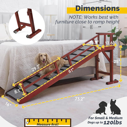 Dog Ramp for Bed or Couch, Wooden Pet Ramp with 20° Gentle Slope, Removable Side Rails, Non-Slip