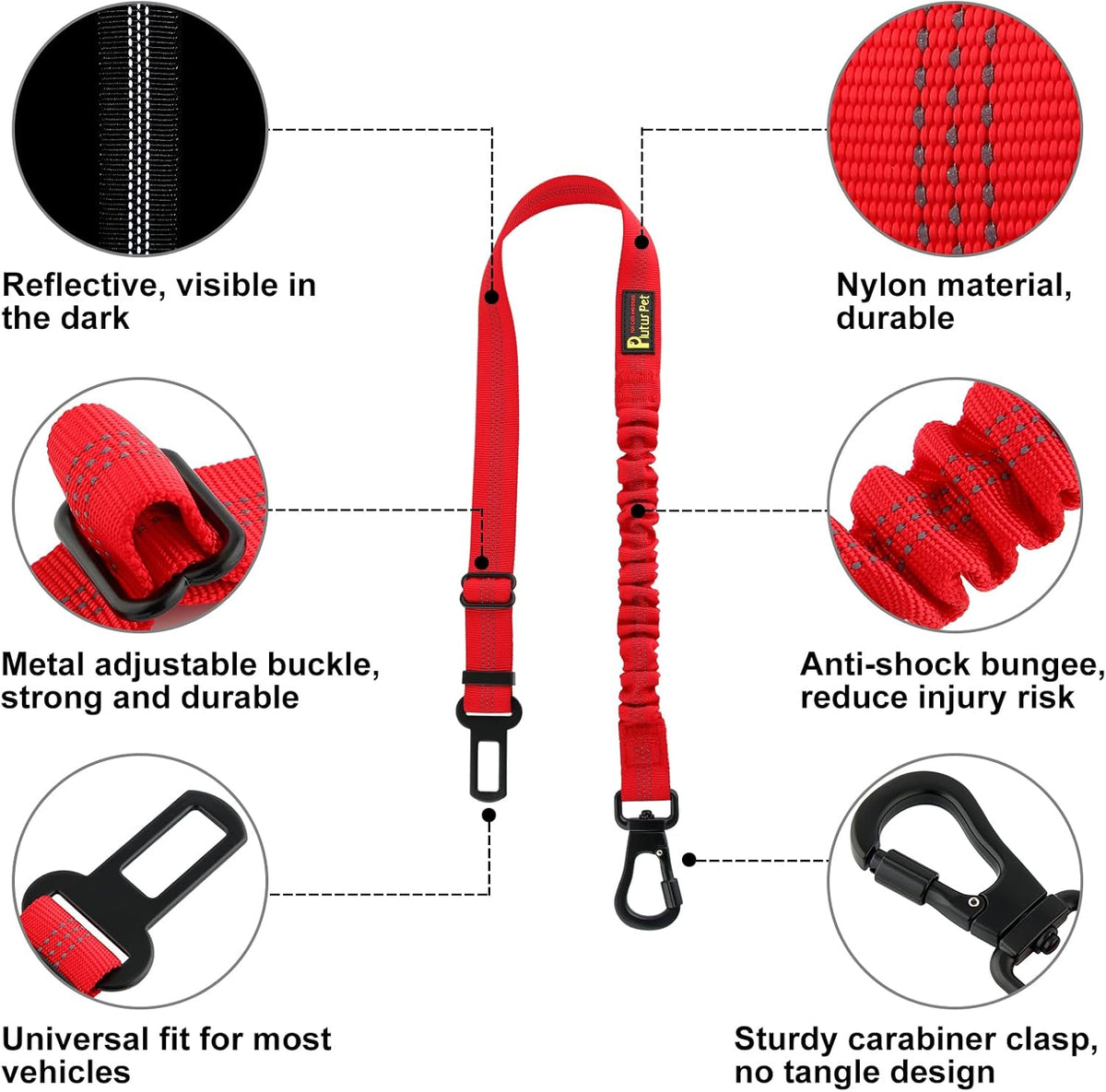 Plutus Pet Dog Seat Belt for Car, Adjustable Dog Car Harness with Carabiner Clip, Reflective Safety