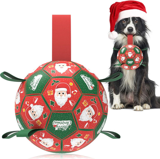 QDAN Christmas Dog Balls with Straps, Soccer Ball for Dogs for Small Medium Pet, Interactive Rope