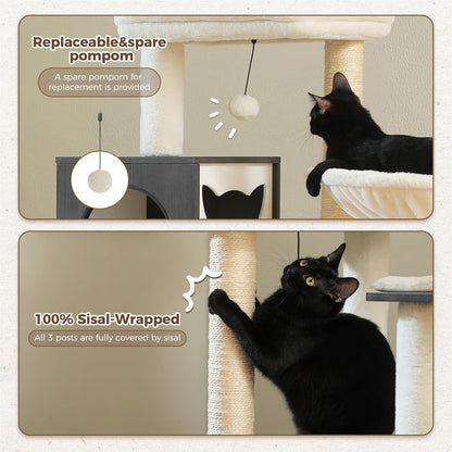 Tall Cat Tree with Litter Box Enclosure 57.5" Wooden Cat Tower for Large Cats with Cat Hammock
