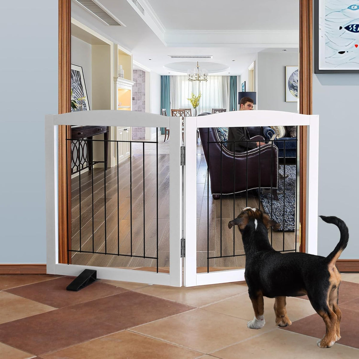 ZJSF Freestanding Dog Fence Indoor, Foldable Dog Gate for Doorways, Stairs or Hallways, Sturdy Wood
