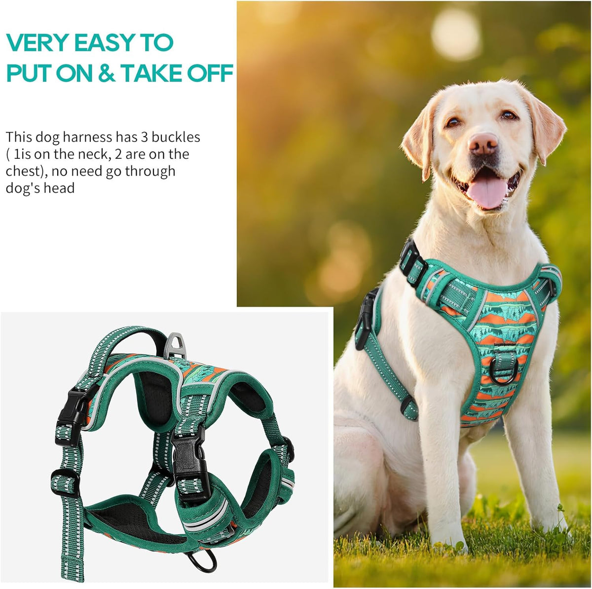 Timos No Pull Dog Harness,No Choke Front Clip Dog Reflective Harness,Adjustable Soft Padded Pet