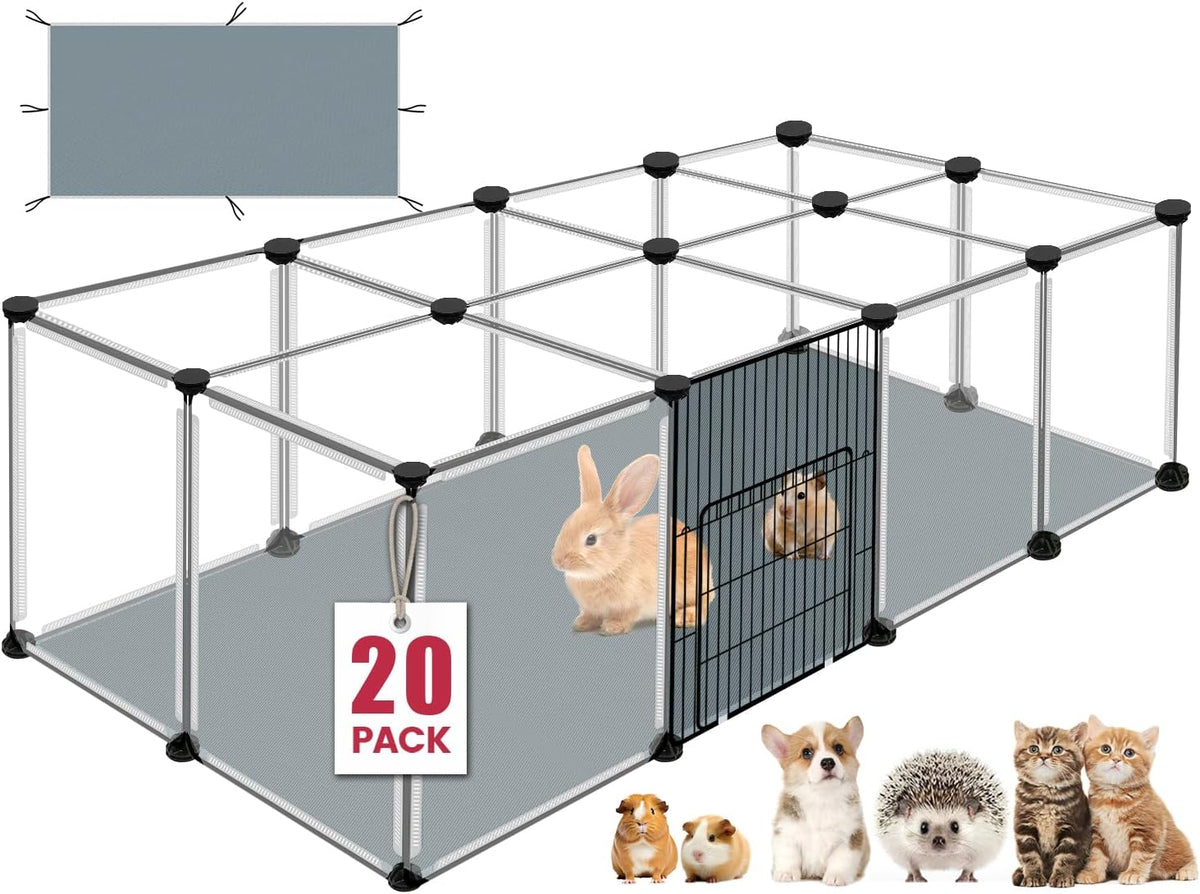 20 Panels Small Animals Playpen, 48" x 24" x 16" Transparent Pet Playpen with Waterproof