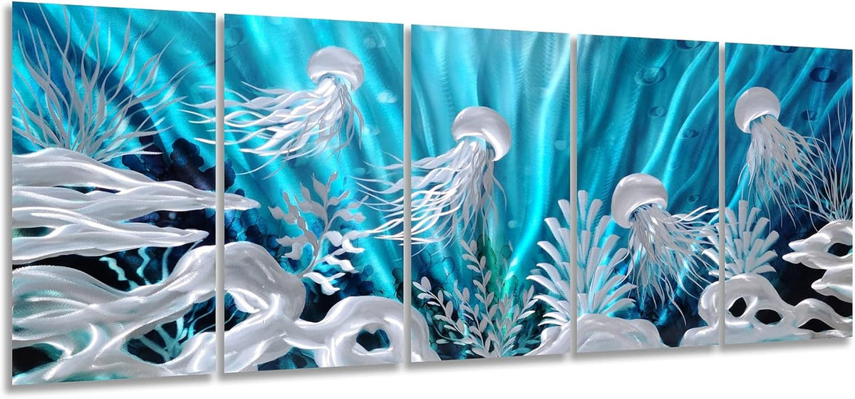 SYGALLERIER Jelly Fish Large Metal Wall Art Hand Grind Aluminum Artwork 3D Undersea World Coastal