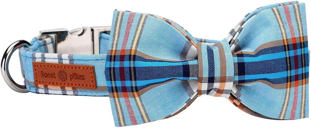 Lionet Paws Boy Dog Collar with Bowtie, Comfortable Adjustable Cute Blue Plaid Bow Tie Collar for