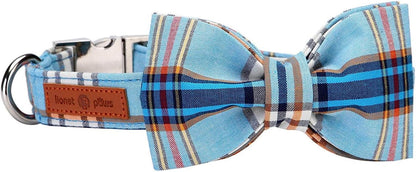 Lionet Paws Boy Dog Collar with Bowtie, Comfortable Adjustable Cute Blue Plaid Bow Tie Collar for