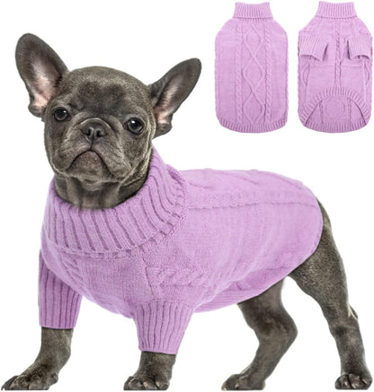 Queenmore Small Dog Pullover Sweater, Cold Weather Cable Knitwear, Classic Turtleneck Thick Warm