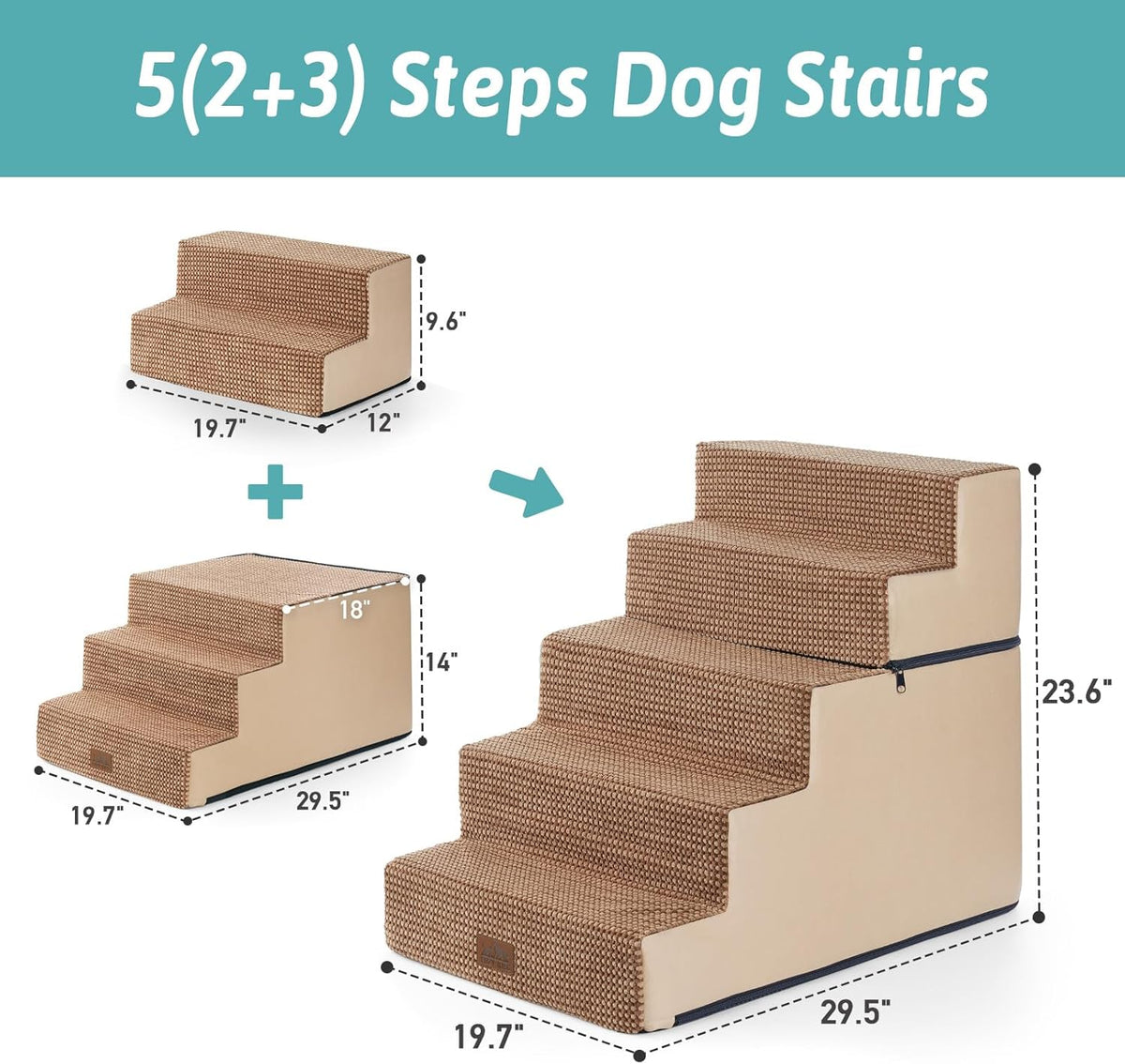Dog Stairs for Small Dogs, 5 Tier Removable Wider Pet Stairs for Couch and Bed, 23.6" H Non-Slip