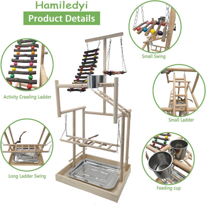 Hamiledyi 4 Layers Large Bird Playground 32" H Pet Parrot Playstand Gym Perch Wood Playpen for
