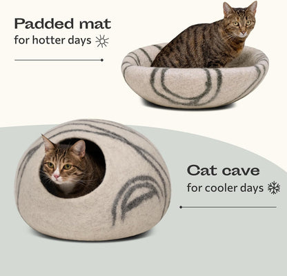 MEOWFIA Cat Cave – Premium Felt Cat Bed for Indoor Cats, Handmade 100% Merino Wool (Light Grey