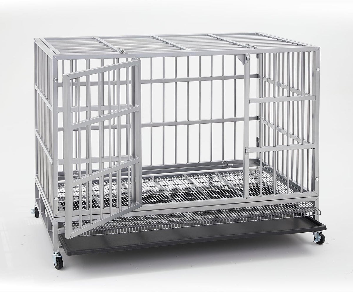 Heavy Duty Indestructible XL Dog Crate Steel Escape Proof, Indoor Double Door High Anxiety Cage
