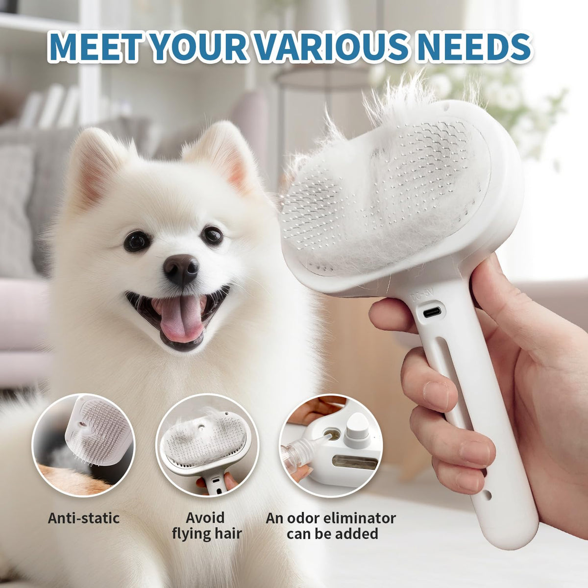 3 In 1 Self Cleaning Steamy Pet Brush - Anti-Static, Grooming Tool for Long and Short Hair Pets