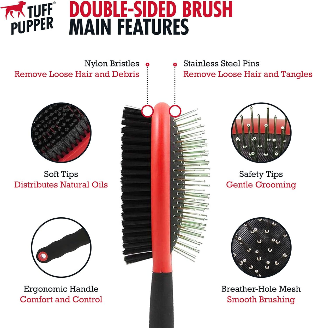 Tuff Pupper Double Sided Dog Brush, Detangling Tool for Dogs and Cats, Pin & Bristle Pet Brush, for