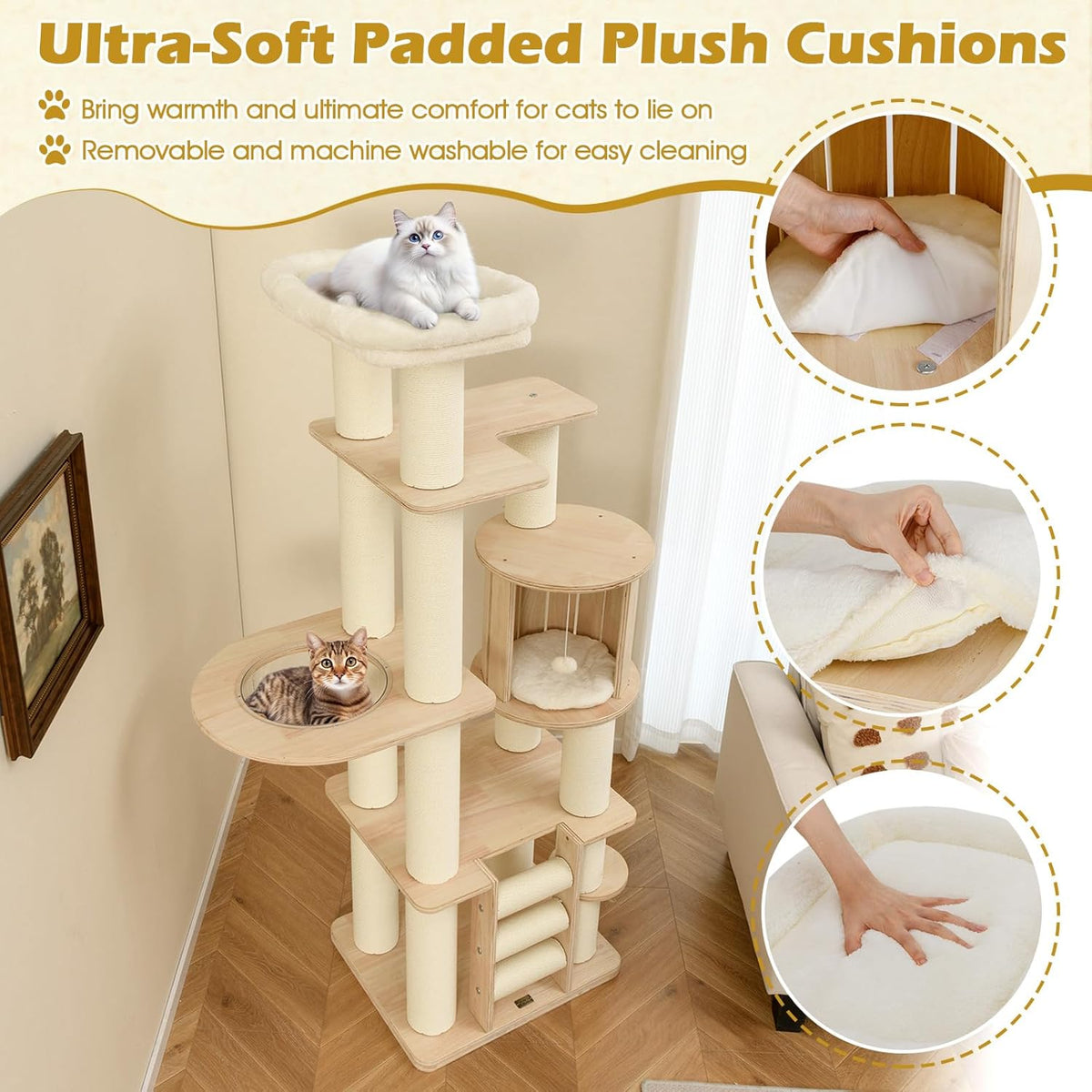 Tangkula 71” Tall Cat Tree, Multi-Layer Wood Cat Tower with Scratching Posts, Perch, Condo, Space