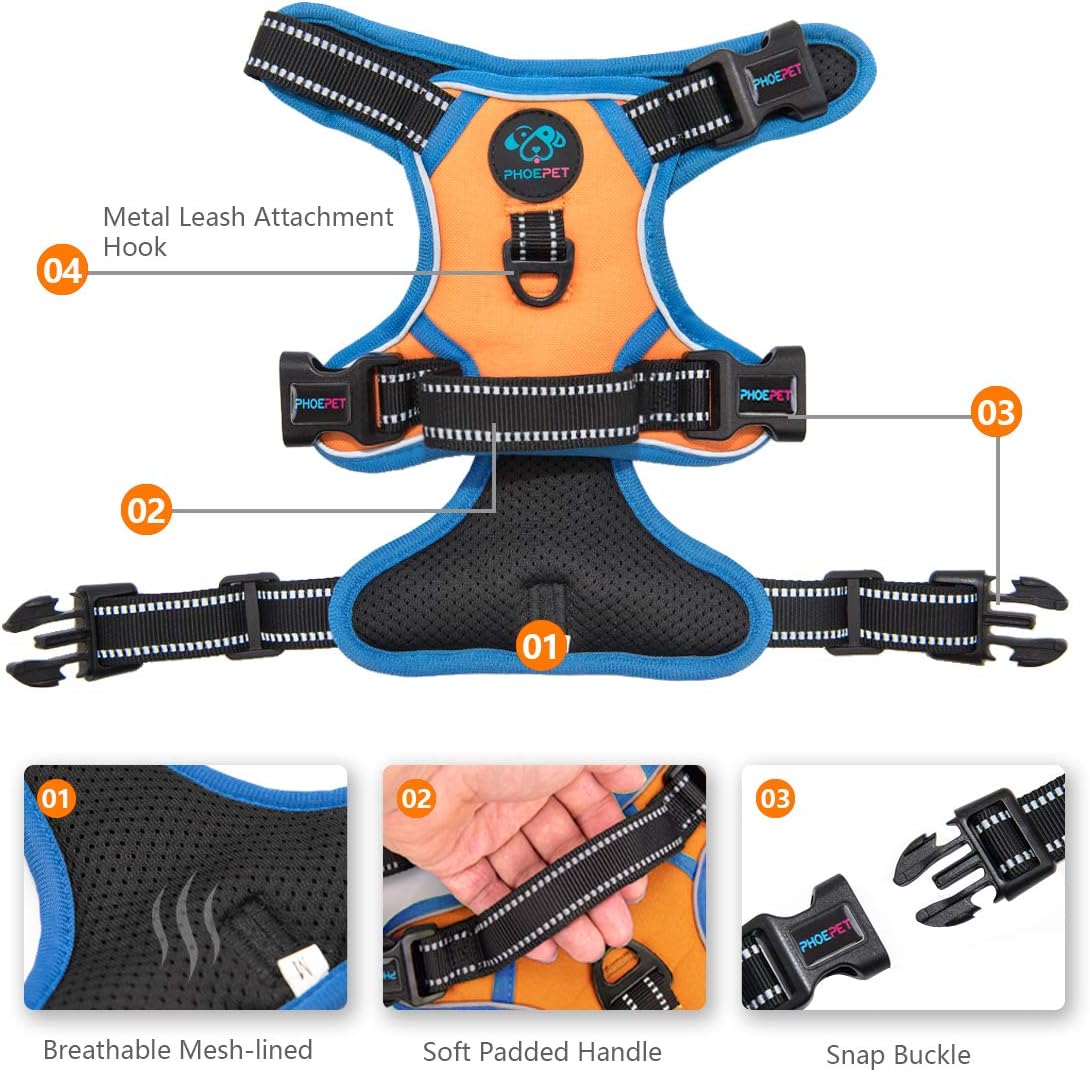 PHOEPET 2019 Reflective Dog Harness Large Breed Adjustable No Pull Vest with with Handle 2 Metal