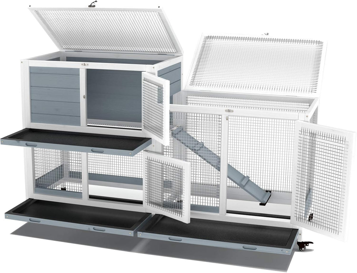GDLF Two Floors 58" Wooden Indoor Bunny Hutch Rabbit Cage on Wheels Guinea Pig PET House for Small