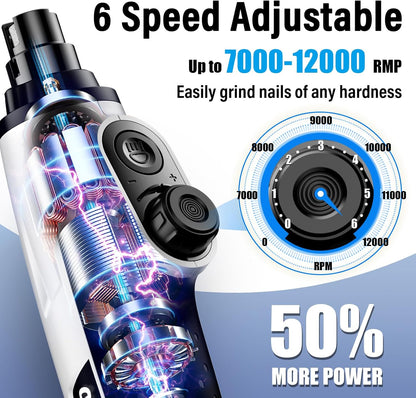 Casfuy Smart 6-Speed Dog Nail Grinder - 50% More Power Pet Nail Grinder with 2 LED Lights Quiet