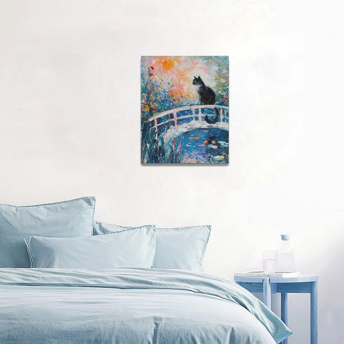 Quorin Black Cat Wall Art Water Lily Sunset Pictures Cat Wall Decor Impressionism Canvas Print