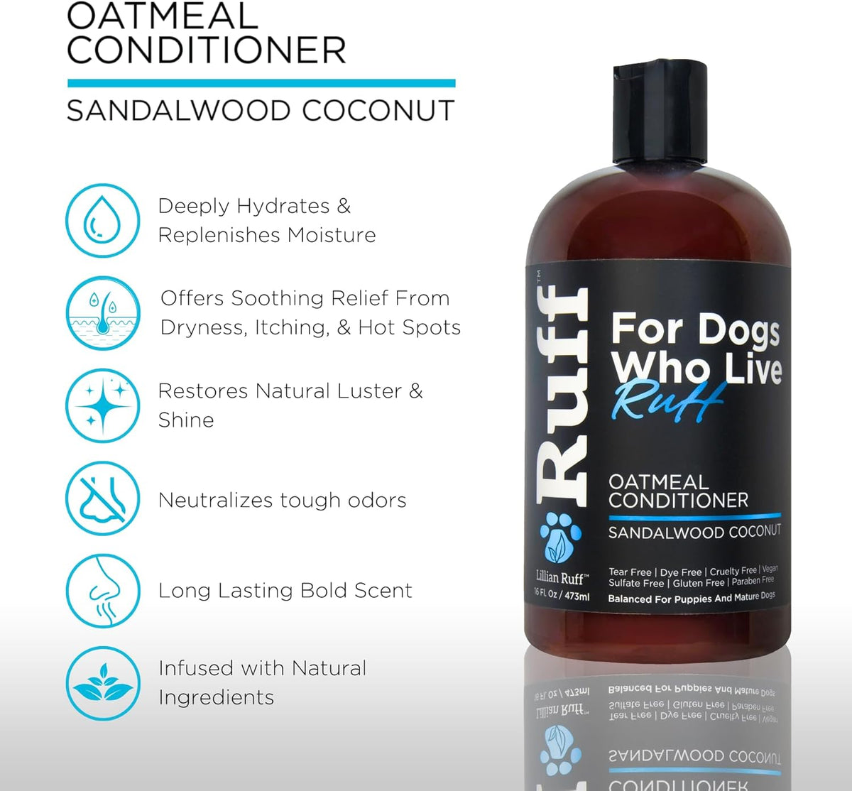Ruff by Lillian Ruff Sandalwood Coconut Oatmeal Conditioner for Dogs – Moisturizes & Soothes Dry
