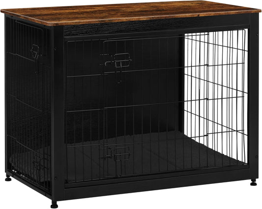 DWANTON Dog Crate Furniture with Cushion, Wooden Kennel Table with Double Doors, Indoor Dog House