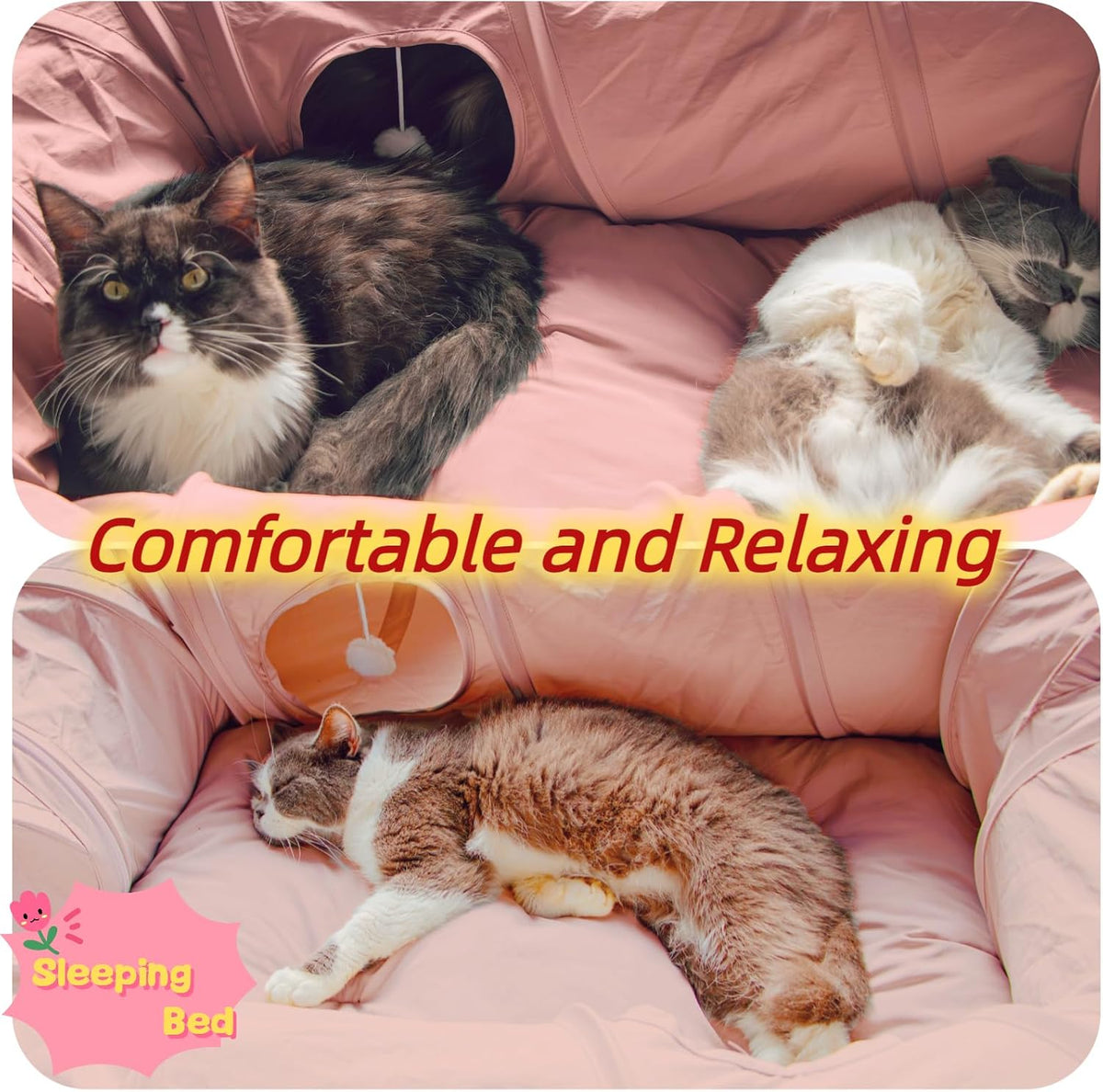 XxingSheep 4 Ways Shuttled XL Cat Tunnel Bed for Indoor Cats Peekaboo Cat Cave Donut with Cool Mat