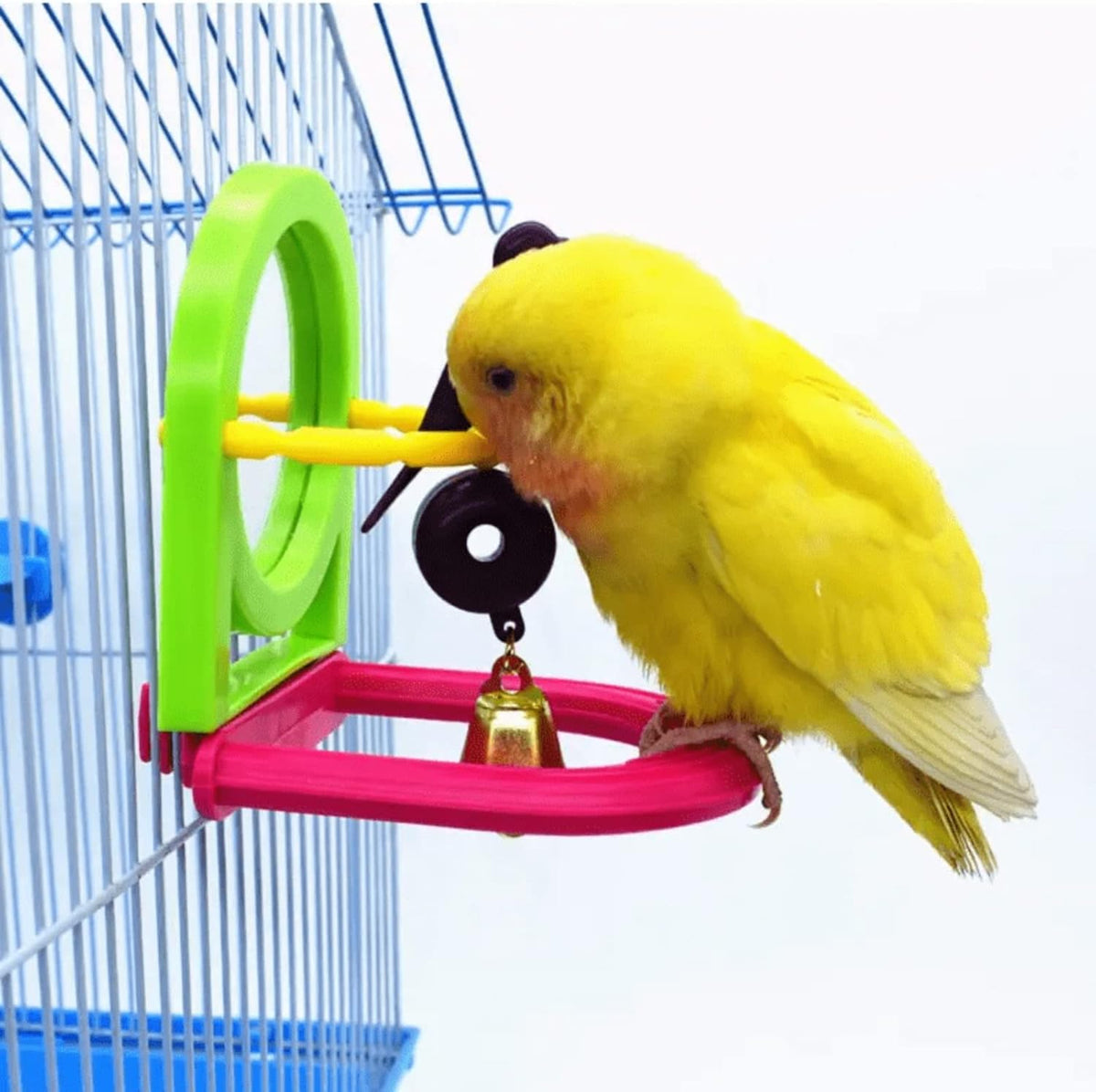 Bird Mirror for Cage, Bird Mirror Toy with Paddle Wheels and Perch, Bird Hanging Training Toys for