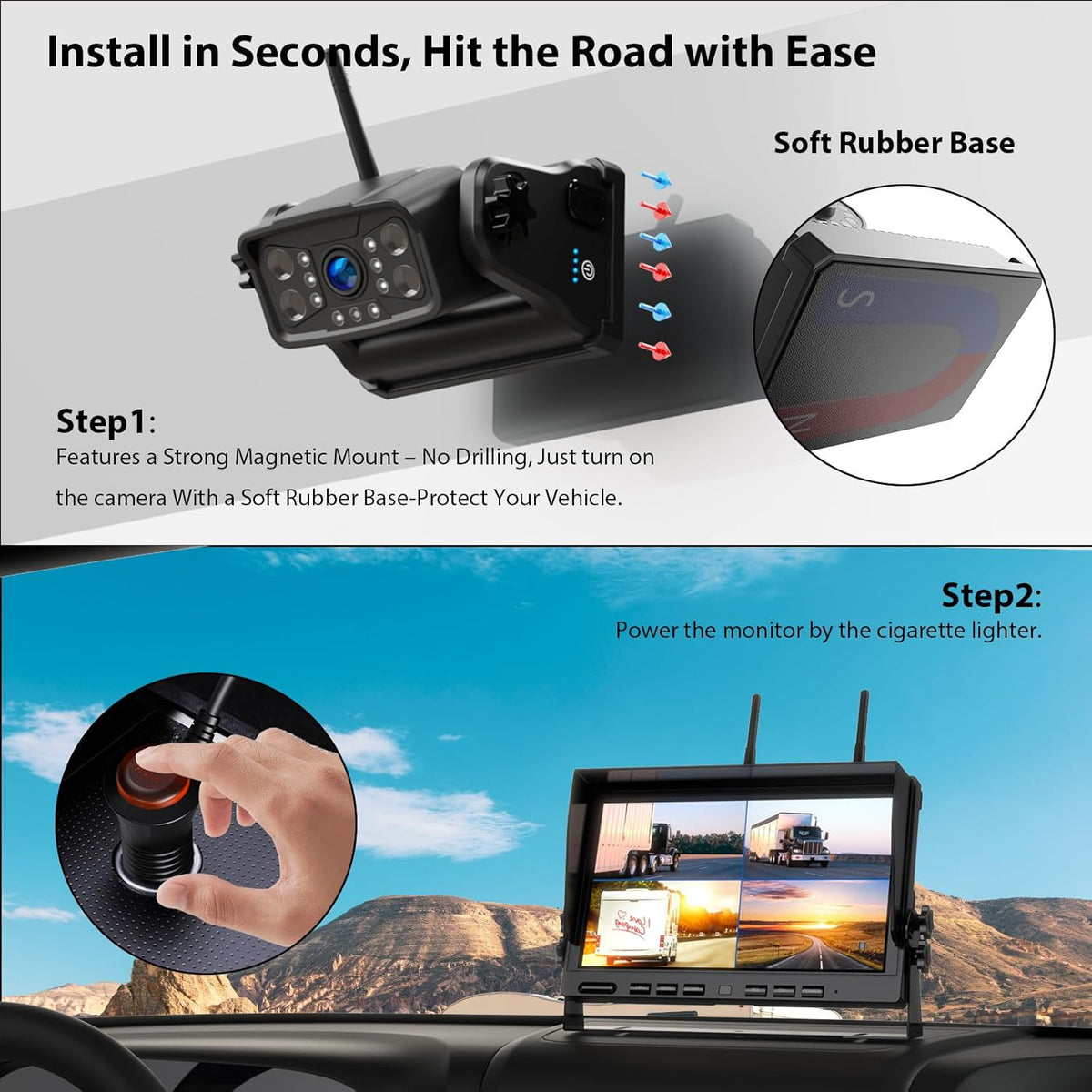 Magnetic RV Wireless Backup Camera, HD 1080P 10" Loop Recording Monitor, 2-Rear View 2-Side View
