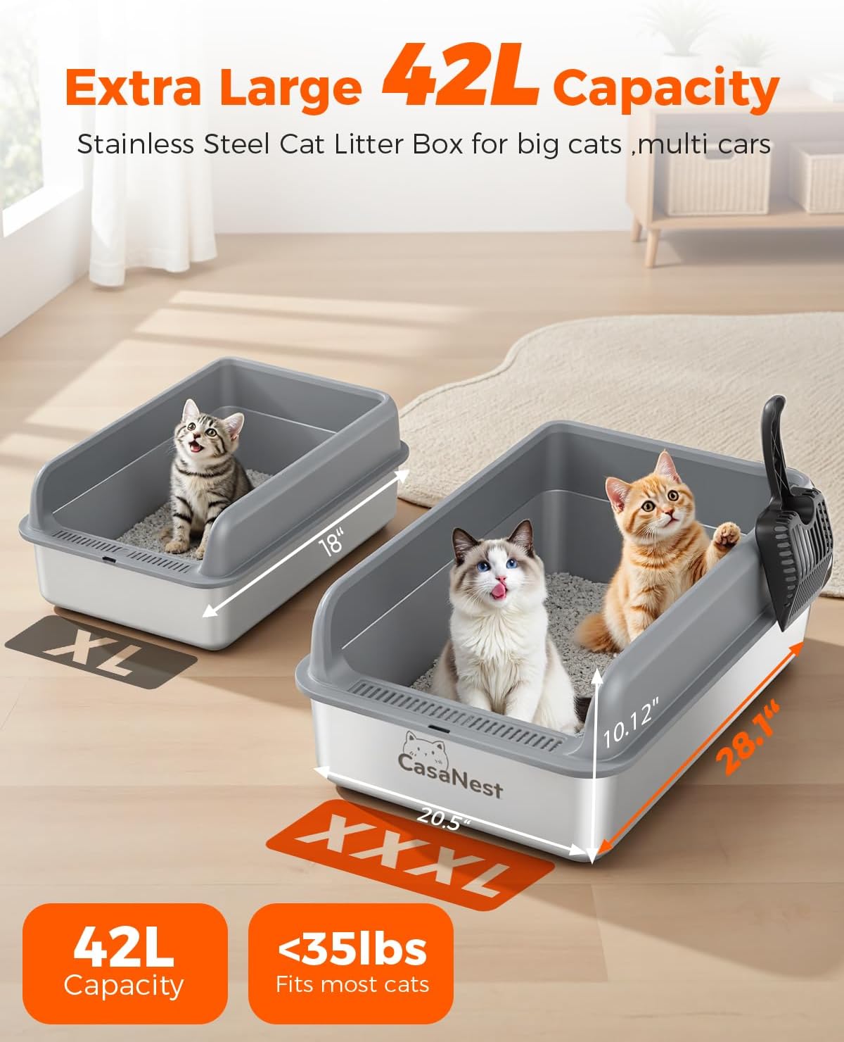 XXXL Stainless Steel Cat Litter Box 28.1''×20.5''× 10.1” Extra Large Metal Cat Litter Box for Big