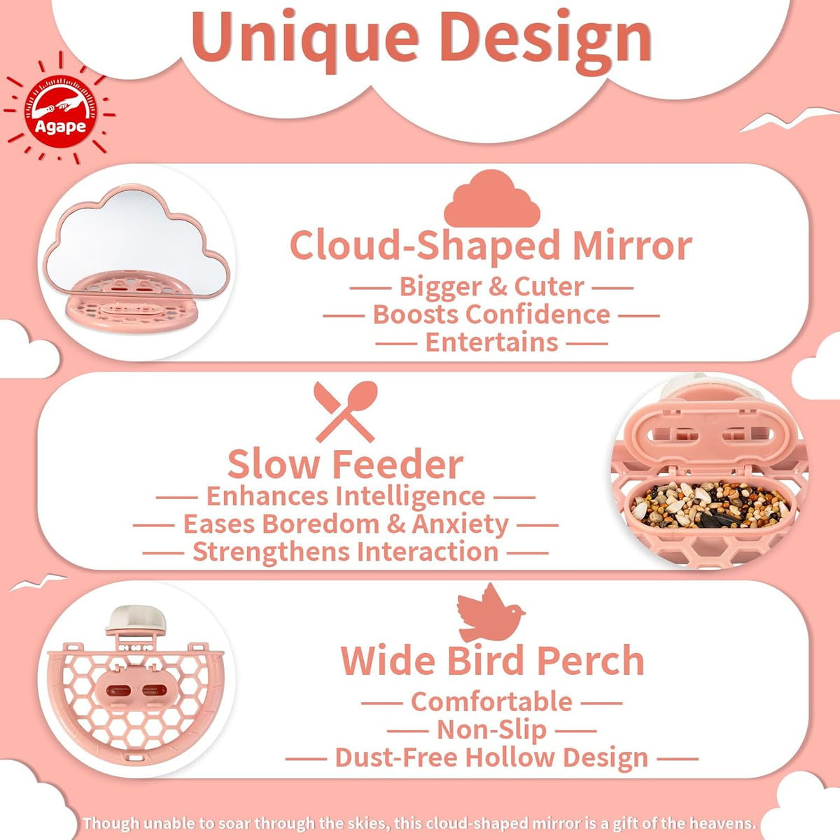 Agape Bird Mirror for Cage， Bird Toys with Perch and Slow Feeder to Expend Energy, Small Parrot