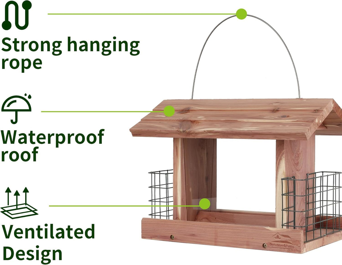 Solution4Patio US Cedar Hopper Bird Feeder for Outdoors Hanging, Handcrafted Wood Double Suet Cage