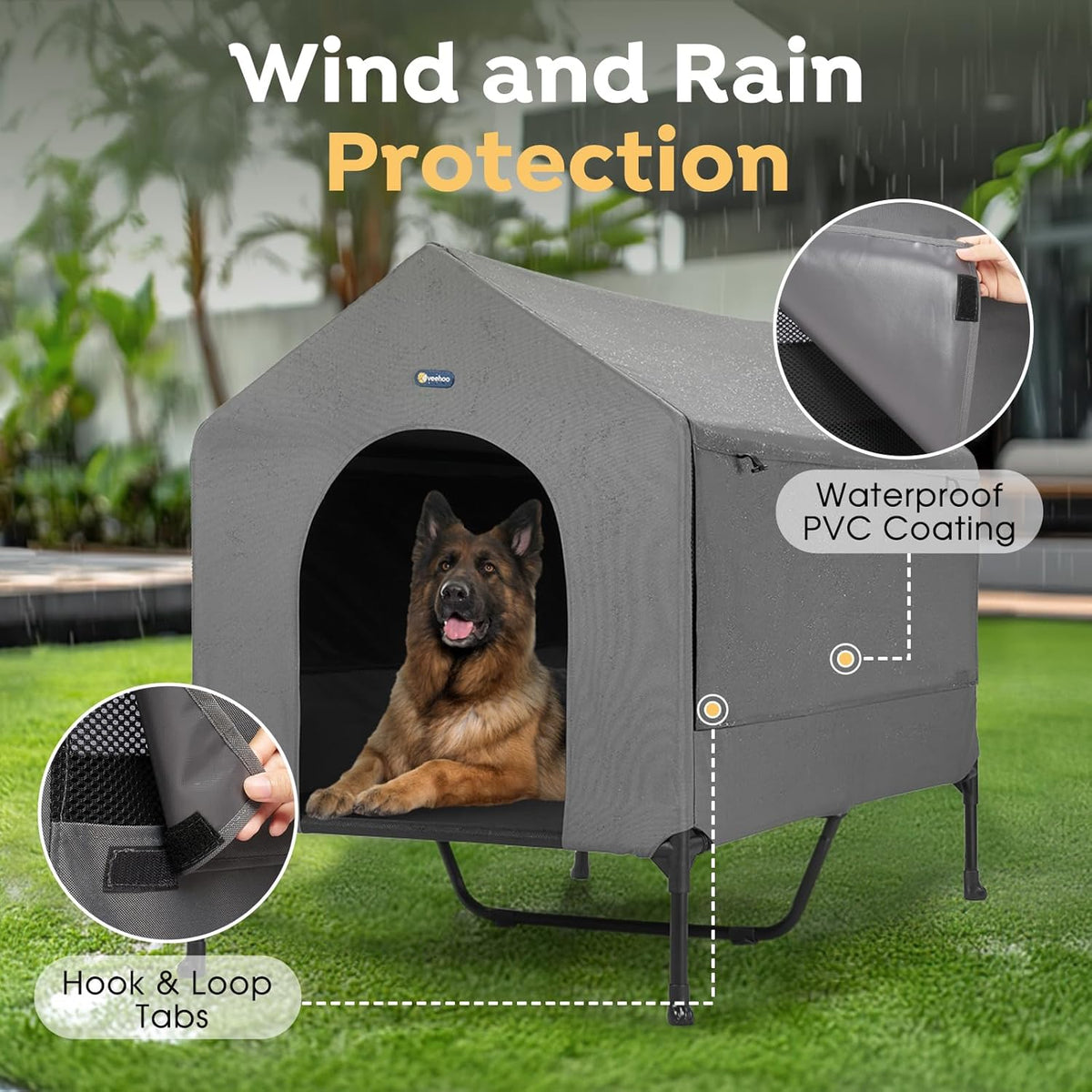 Veehoo 47" Dog House, 2-in-1 X-Large Dog House Outdoor Indoor Weatherproof, Outside Elevated Dog