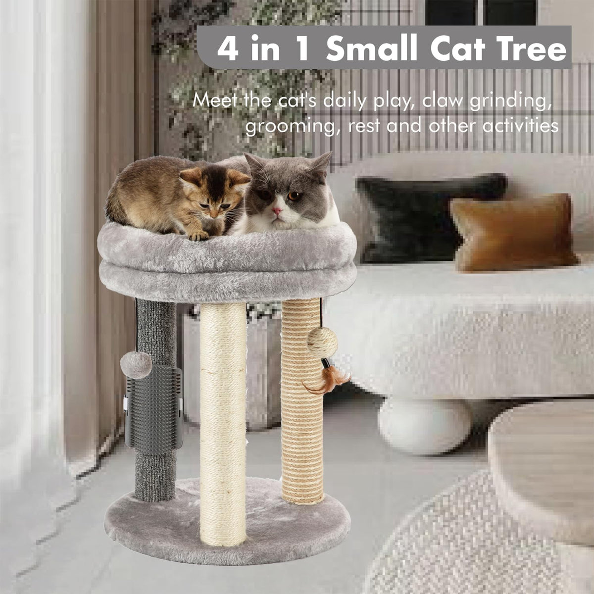 MECOOL 4in1 Small Cat Tree,Scratching Post with Tower Soft Bed, Sisal Carpet Jute Posts with Three