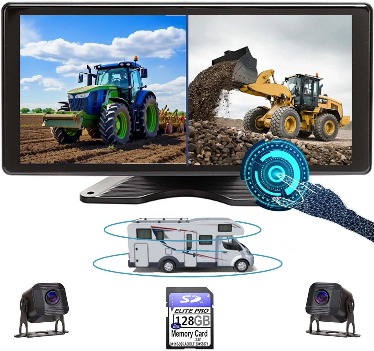 Skid Steer Touchable Screen 128GB Large Audio 1080P 2 Split Image 11 Inch Monitor Backup Camera