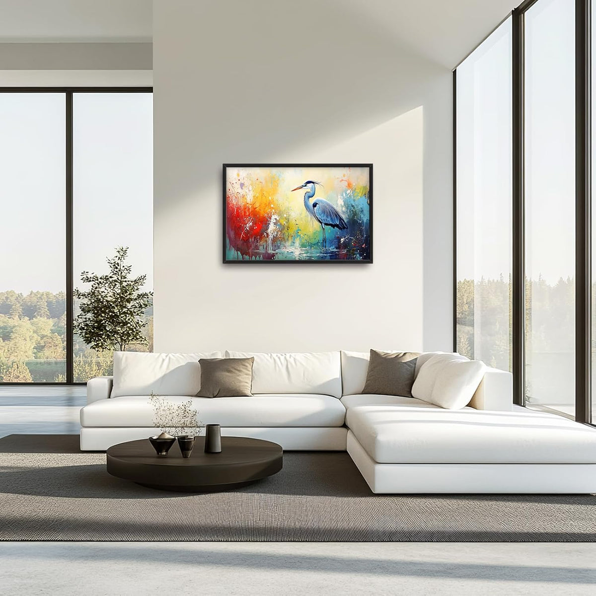 Extra Large Framed Abstract Heron Wall Art,Oversized Colorful Graffiti Heron Wall Decor Pictures