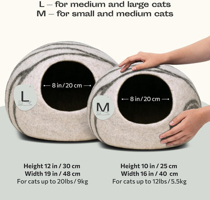 MEOWFIA Cat Cave – Premium Felt Cat Bed for Indoor Cats, Handmade 100% Merino Wool (Light Grey