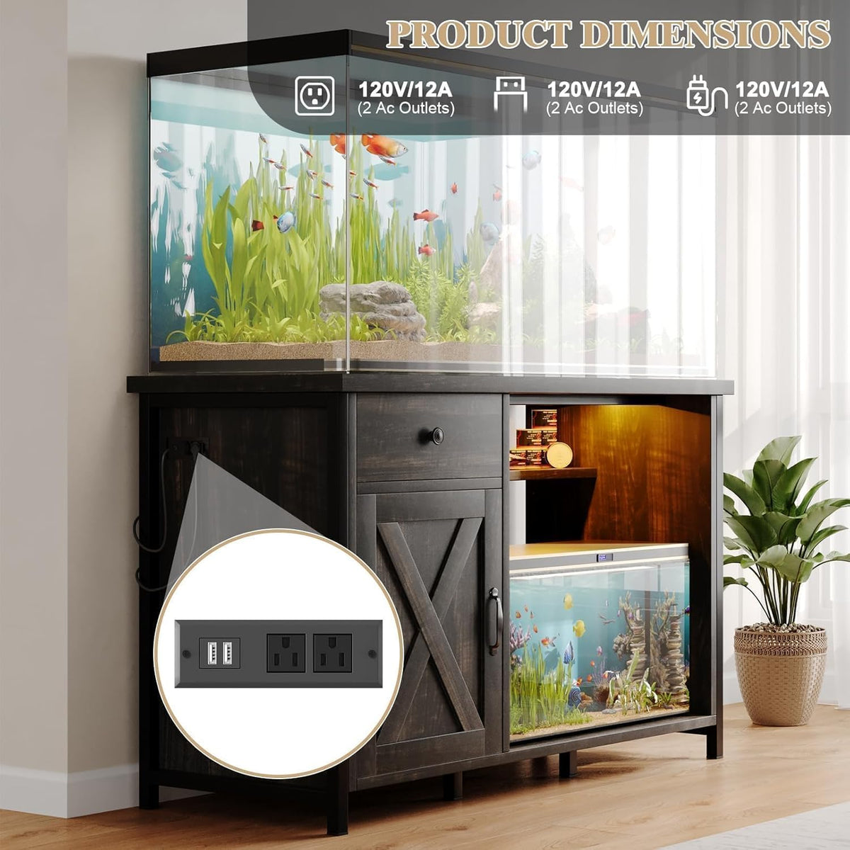 4ever2buy 55 Gallon Fish Tank Stand with LED Light & Power Outlets, 55-75 Gallon Aquarium Stand