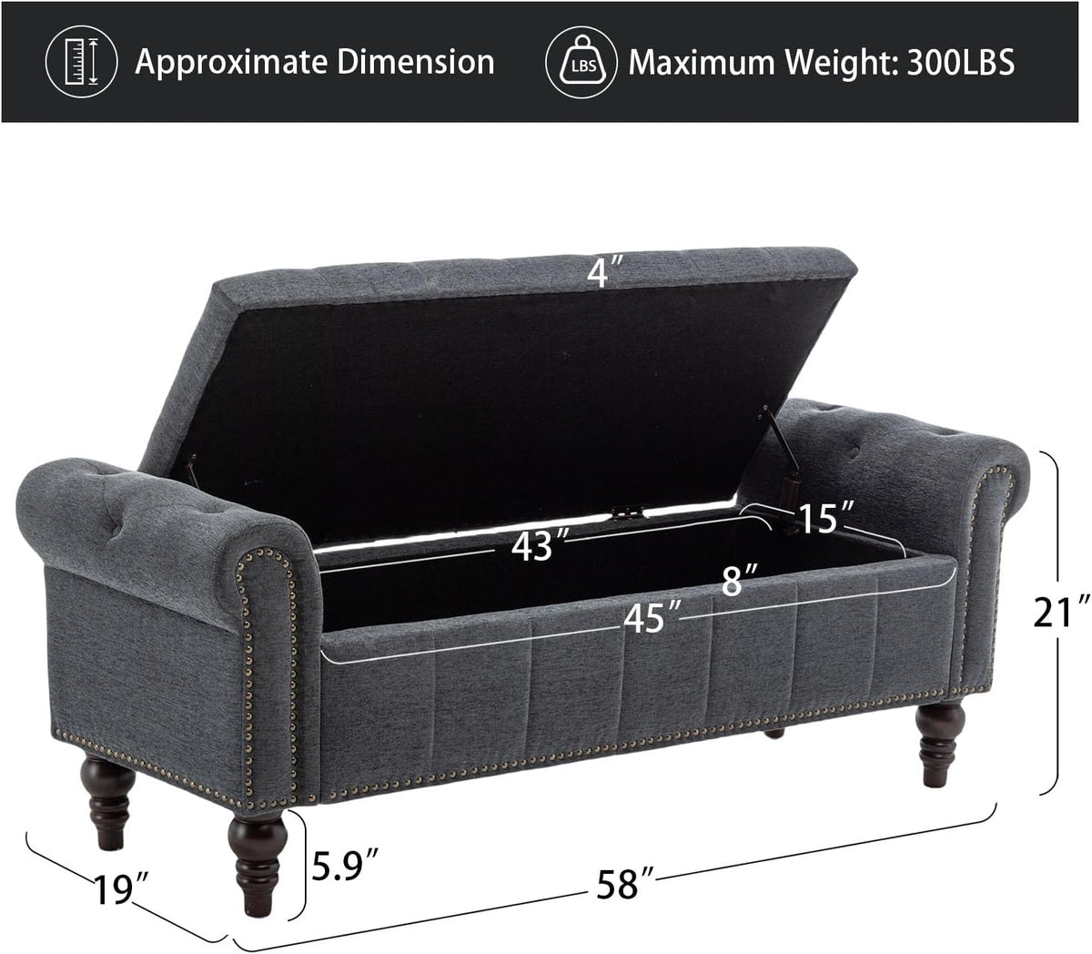 58’’ Storage Bench for Bedroom, Upholstered Button-Tufted Ottoman with Solid Wood Legs, Large End