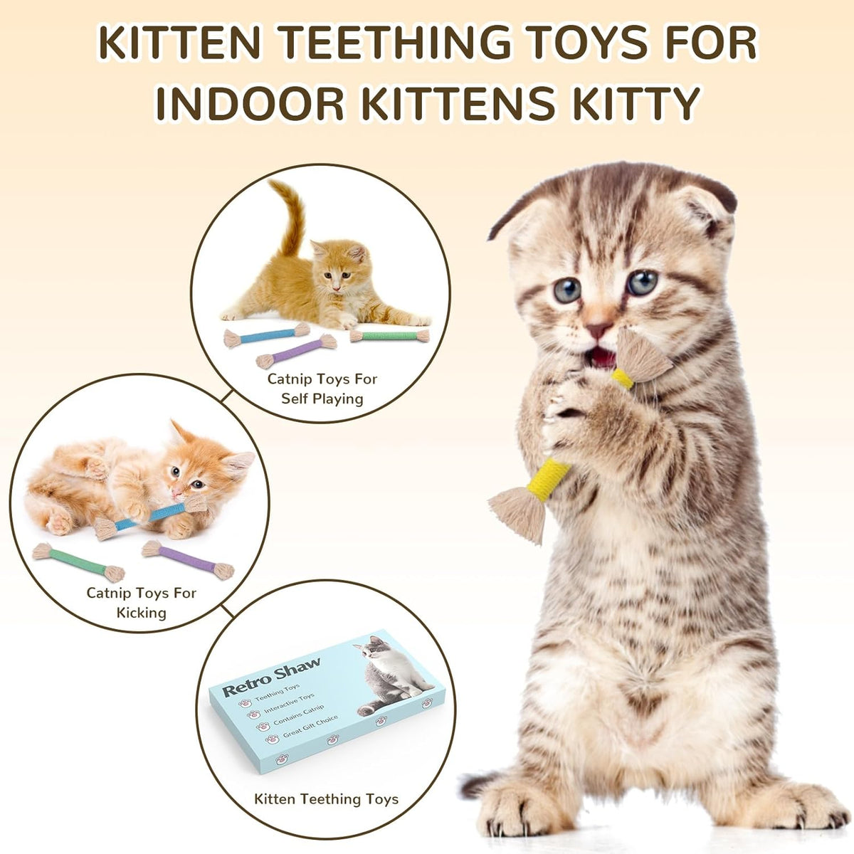 Retro Shaw Kitten Toys Catnip Ropes Cat Chew Toys, 6 Pack, Kitten Teething Toys for Indoor Cats